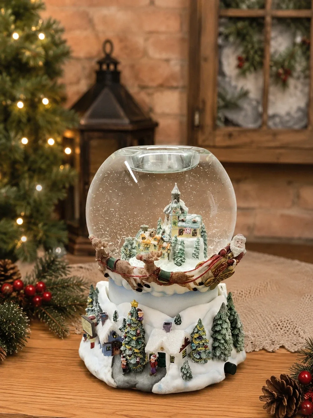 PartyLite Christmas Musical Snow Globe Santa Sleigh Village Lighted AS IS